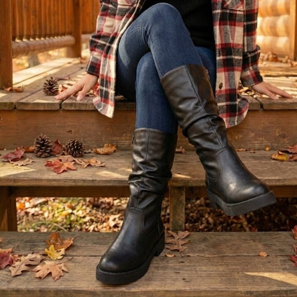 NWT Wild Diva Black Slouchy Platform Knee High Boots | Chunky Sole